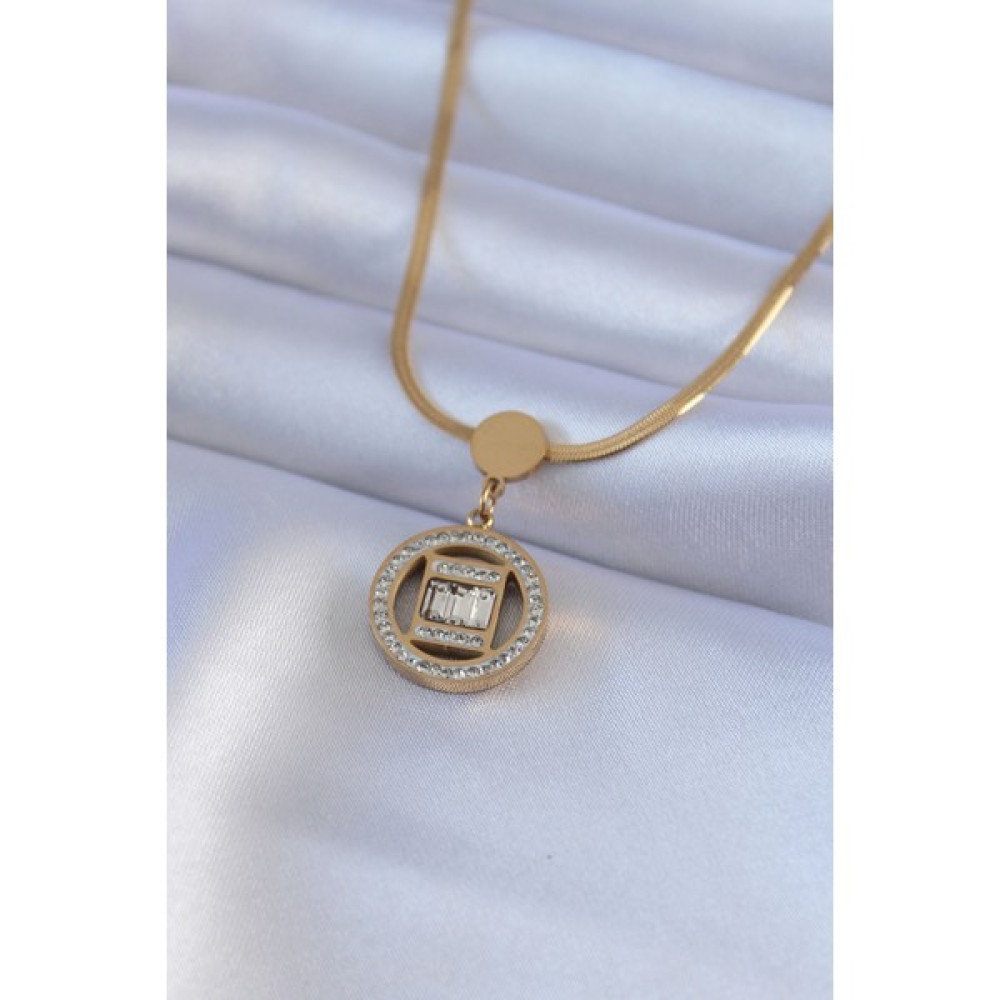 Marydien 316L Çelik Gold Renk Italyan Zincir Model Zirkon Taşlı Madalyon Model Kadın Kolye - Renkli - 100 mm Bijuteri Kolye Fiyatı