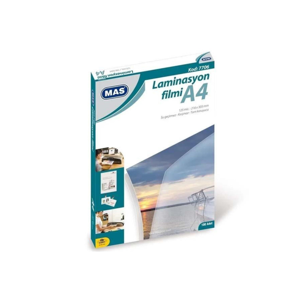Mas Laminasyon Filmi Parlak A4 125 Mıc 100 Lü 7706 100lü Paket / Ciltleme Makinesi Fiyatı