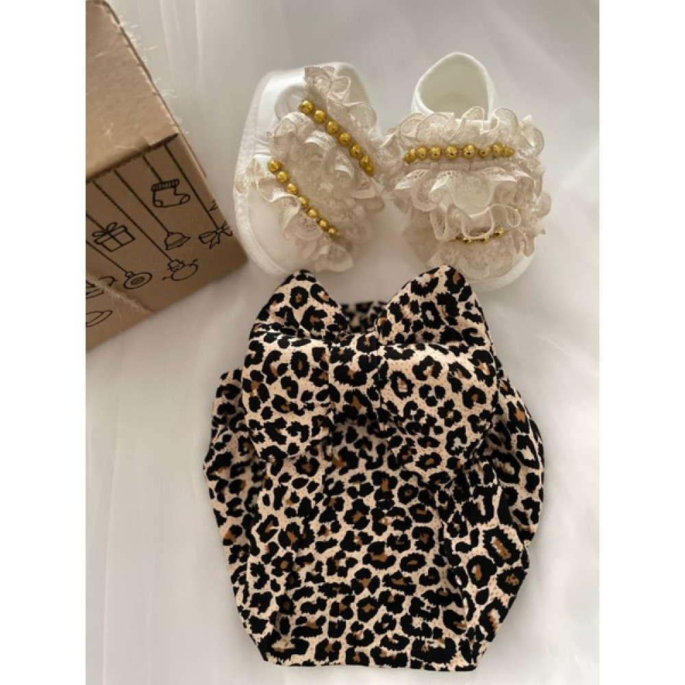 Masal Baby Kids Kız Bebek Mevlid Patiği ve Leopar Desenli Bebek Bone / Vizon Güpür Dantel ve Gold Detaylı Patik / Yenidoğan Hediyelik Bebek Ayakkabısı Fiyatı