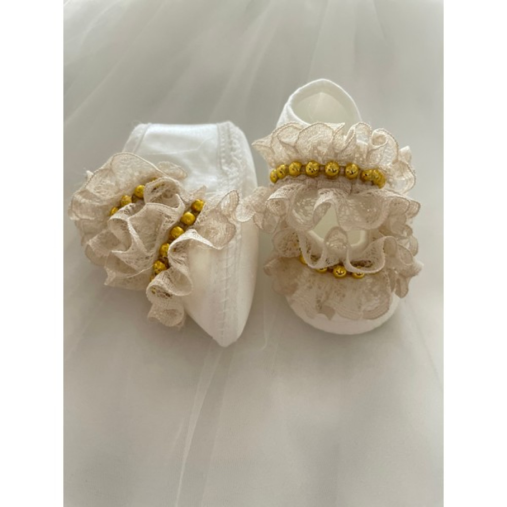 Masal Baby Kids Kız Bebek Mevlid Patiği / Yeni Doğan Hediyelik / Vizon Dantelli Gold Detaylı Şık Patik / Baby Shower Bebek Ayakkabısı Fiyatı