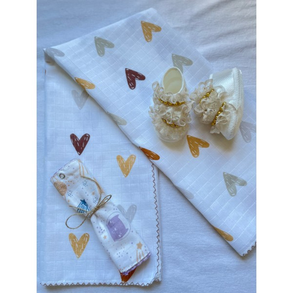Masal Baby Kids Kız Bebek Patik & 80X90 cm Müslin Battaniye / Kız & Erkek Bebek Hediyelik / Mevlit Patiği - Açık Kahverengi Bebek Battaniyesi Fiyatı
