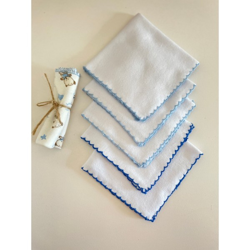 Masal Baby Pamuk 5'li Çift Katlı Mavi Tığlı Beyaz Penye Bebek Ağız & Ter Mendili /erkek Bebek Mendil - 20 x 20 cm - Beyaz - Mavi Mama Önlüğü Fiyatı
