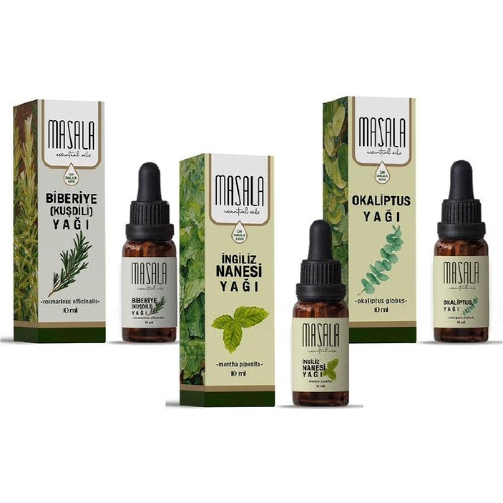 Masala Biberiye Yağı, Okaliptüs Yağı, Nane Yağı, 3'lü Nefes Seti - 30 ml Bitkisel Yağlar Fiyatı