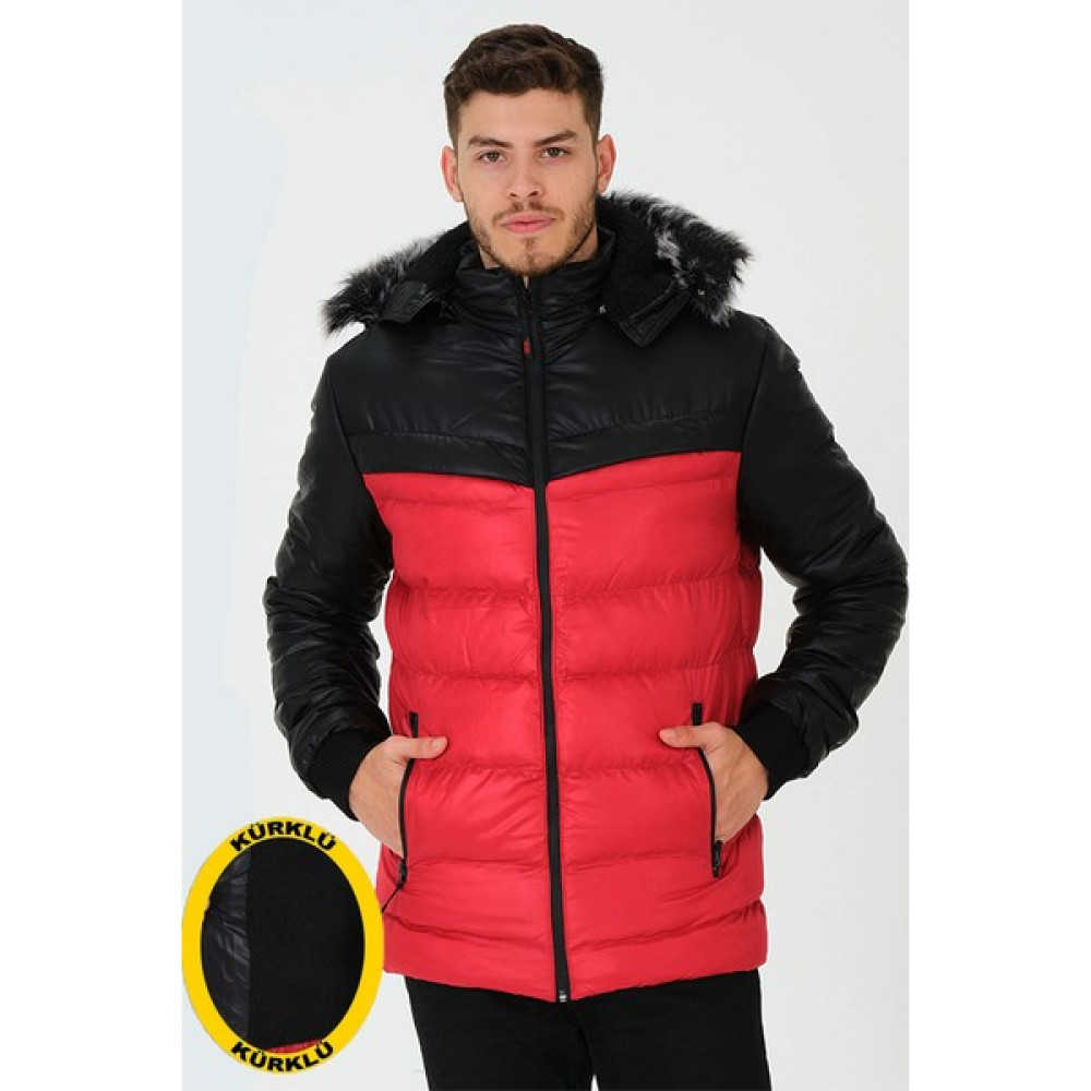 Mascarano Erkek Siyah Kırmızı Içi Kürklü Slim Fit Şişme Mont Erkek Mont Fiyatı