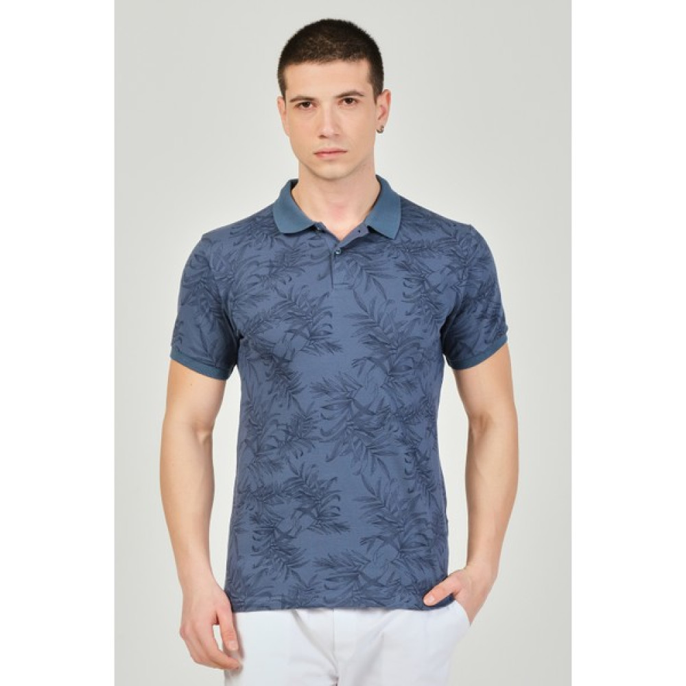 Mascarano Mavi Erkek Palmiye Desenli Likralı T-Shirt Erkek T-shirt Fiyatı
