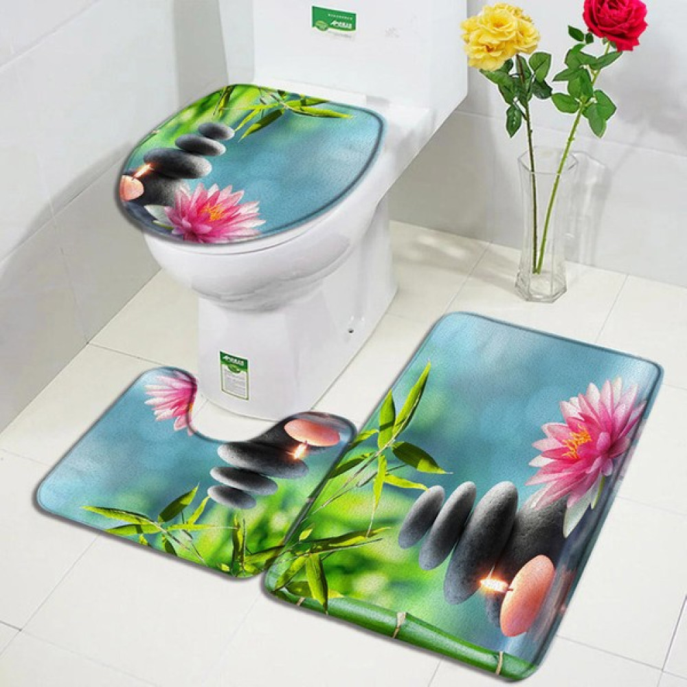 Masoffy 1873YY-3PCS Set 60X40CM-23.6X15.7IN Yeşil Bambu Zen Banyo Paspasları Seti Orkide Lotus Masaj Taşı Asya Spa Kapı Pedi Modern Banyo Dekor Kay... Klozet Takımı Fiyatı