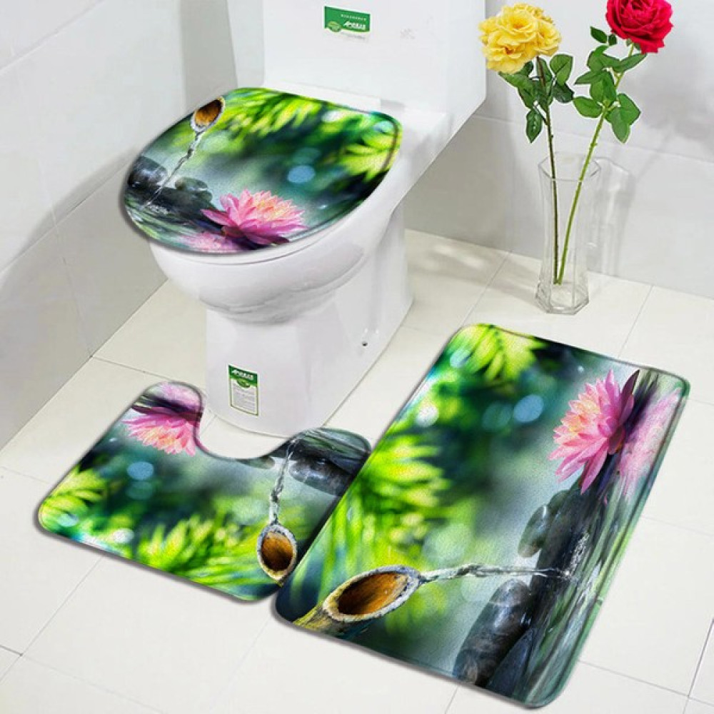 Masoffy 2291G-3PCS Set 60X40CM-23.6X15.7IN Yeşil Bambu Zen Banyo Paspasları Seti Orkide Lotus Masaj Taşı Asya Spa Kapı Pedi Modern Banyo Dekor Kaym... Klozet Takımı Fiyatı