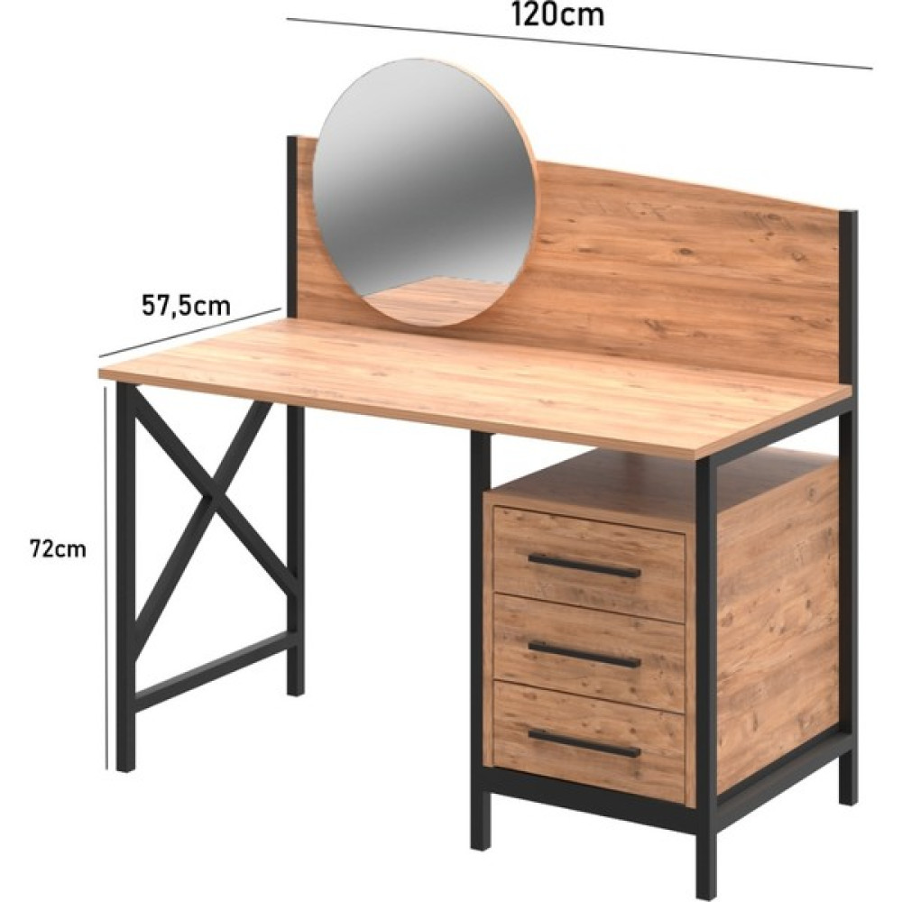 Massada Furniture Design Massada Makyaj Masası Metal 3 Çekmeceli Aynalı - Çam Dresuar / Makyaj Masası Fiyatı