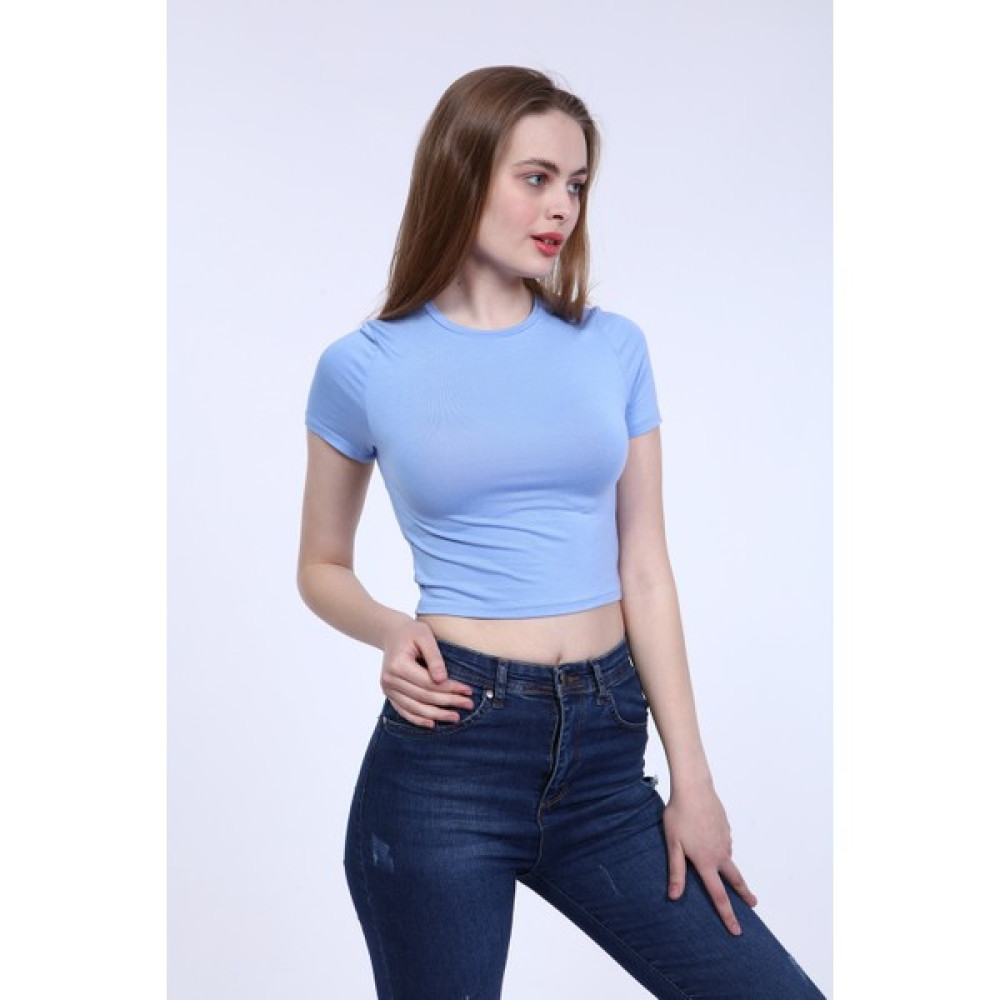 Mat Collection Kadın Bebe Mavi Bisiklet Yaka Basic Crop T-Shirt Bayan T-shirt Fiyatı