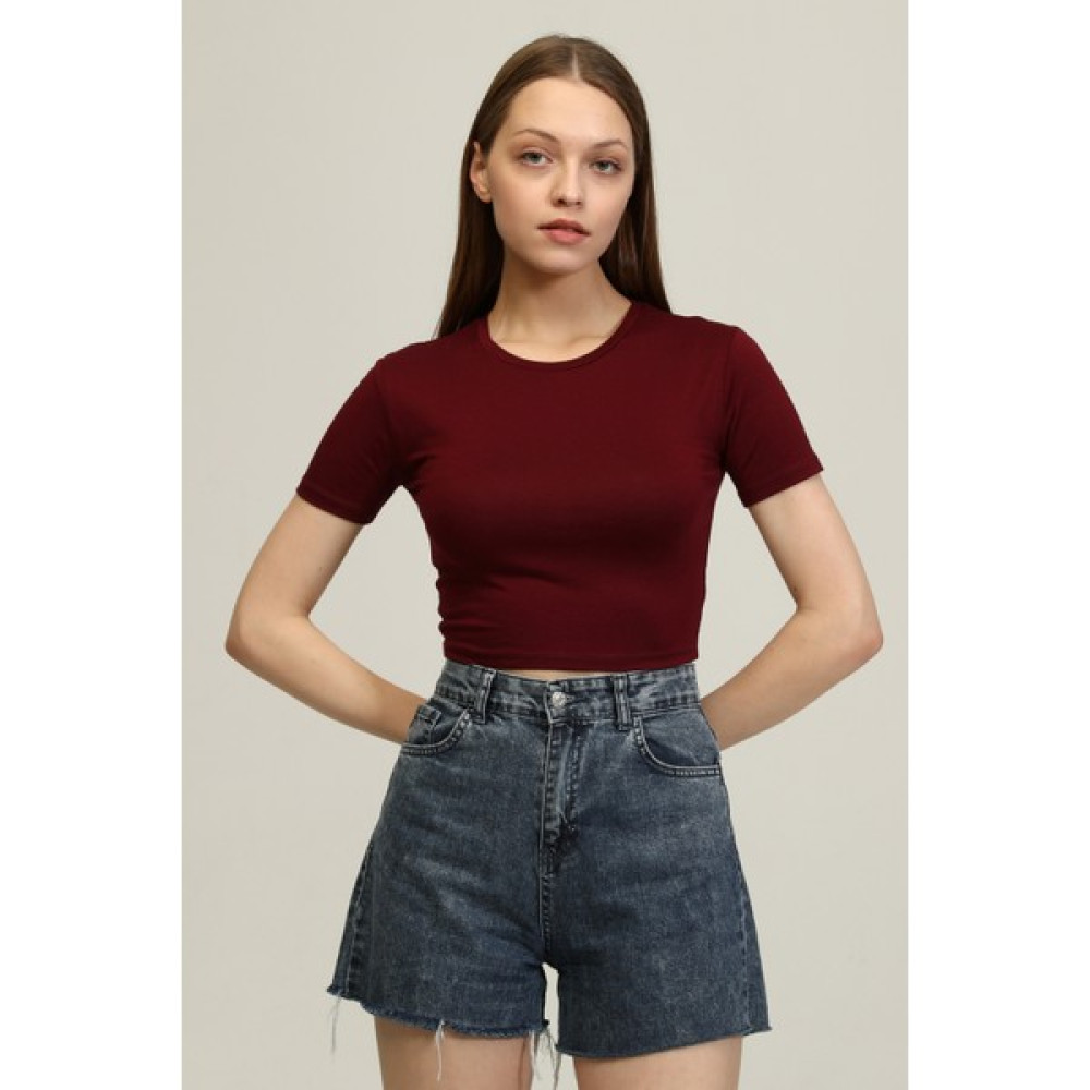 Mat Collection Kadın Bordo Bisiklet Yaka Basic Crop T-Shirt Bayan T-shirt Fiyatı