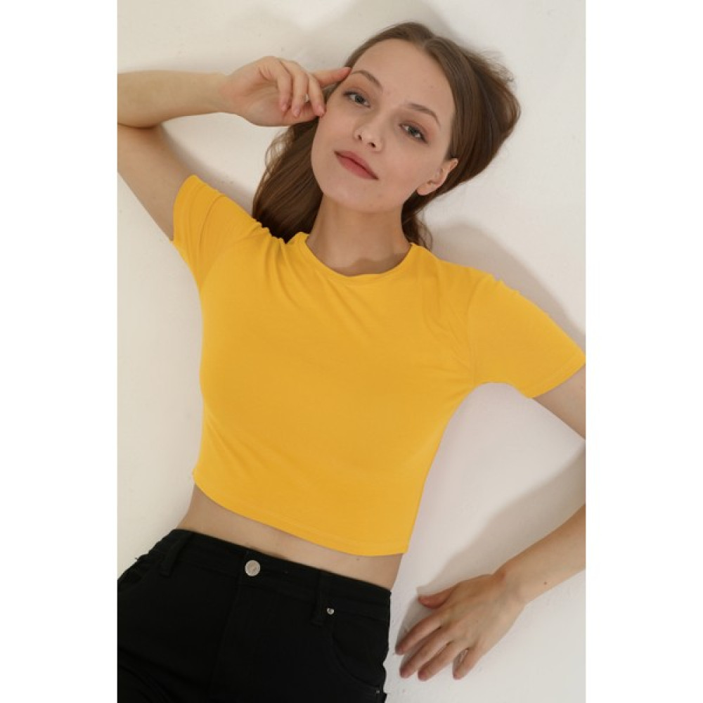 Mat Collection Kadın Hardal Bisiklet Yaka Basic Crop T-Shirt Bayan T-shirt Fiyatı