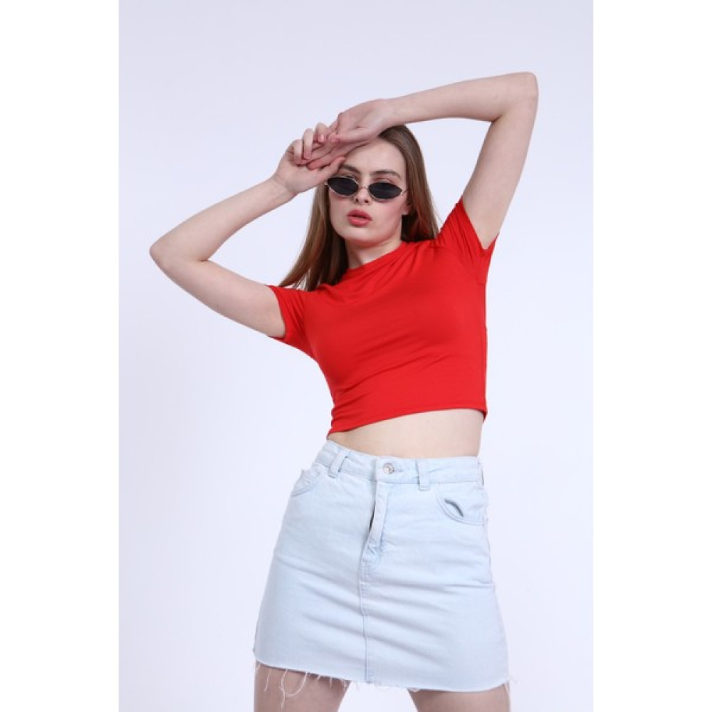 Mat Collection Kadın Kırmızı Bisiklet Yaka Basic Crop T-Shirt Bayan T-shirt Fiyatı