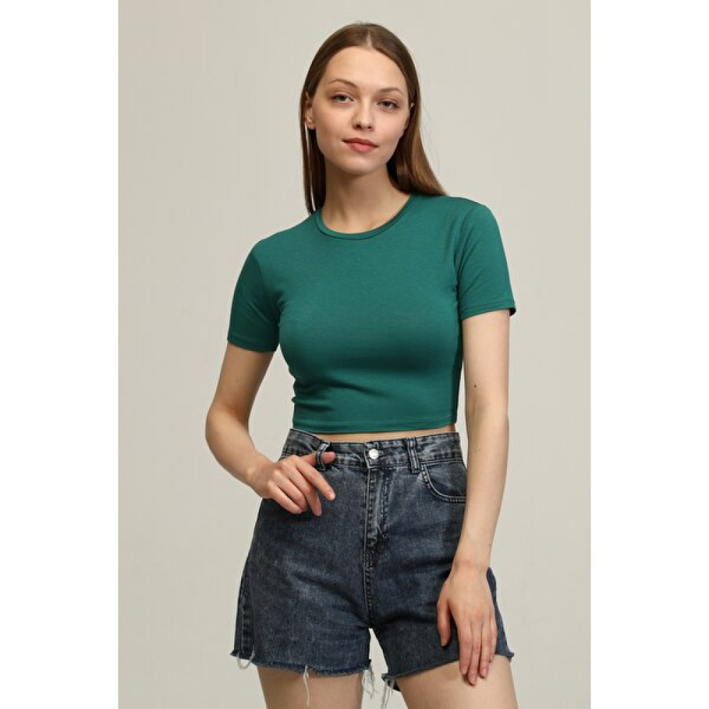 Mat Collection Kadın Koyu Yeşil Bisiklet Yaka Basic Crop T-Shirt Bayan T-shirt Fiyatı