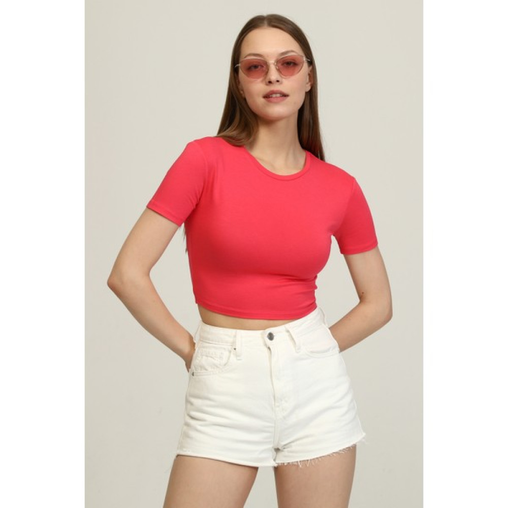 Mat Collection Kadın Pembe Bisiklet Yaka Basic Crop T-Shirt Bayan T-shirt Fiyatı