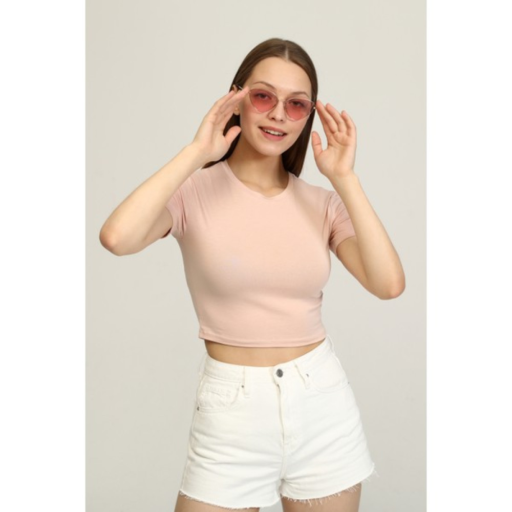 Mat Collection Kadın Pudra Bisiklet Yaka Basic Crop T-Shirt Bayan T-shirt Fiyatı