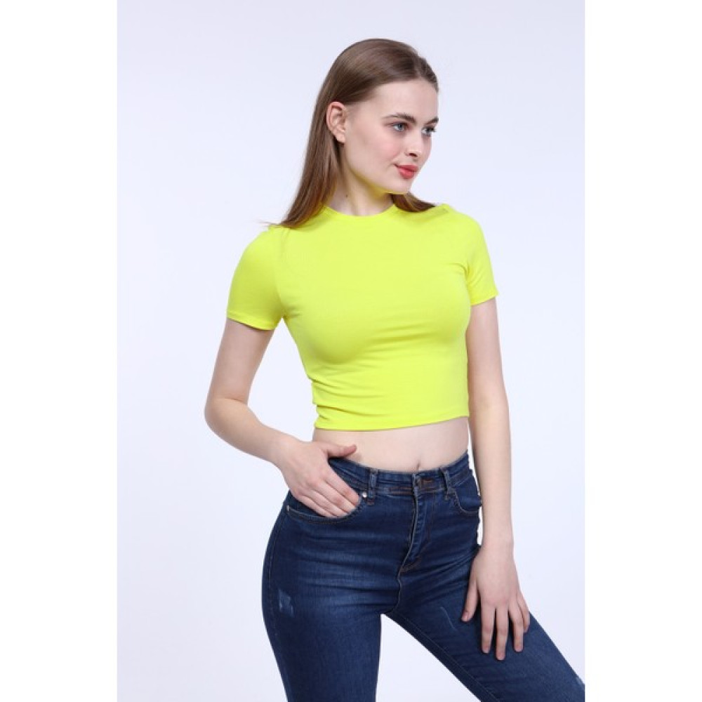 Mat Collection Kadın Sarı Bisiklet Yaka Basic Crop T-Shirt Bayan T-shirt Fiyatı