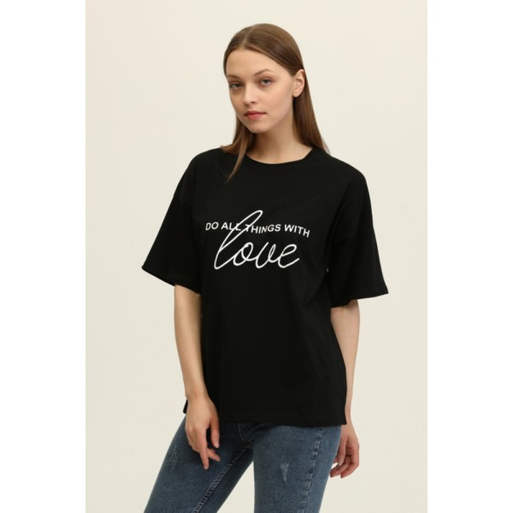Mat Collection Kadın Siyah Bisiklet Yaka Baskılı T-Shirt Bayan T-shirt Fiyatı