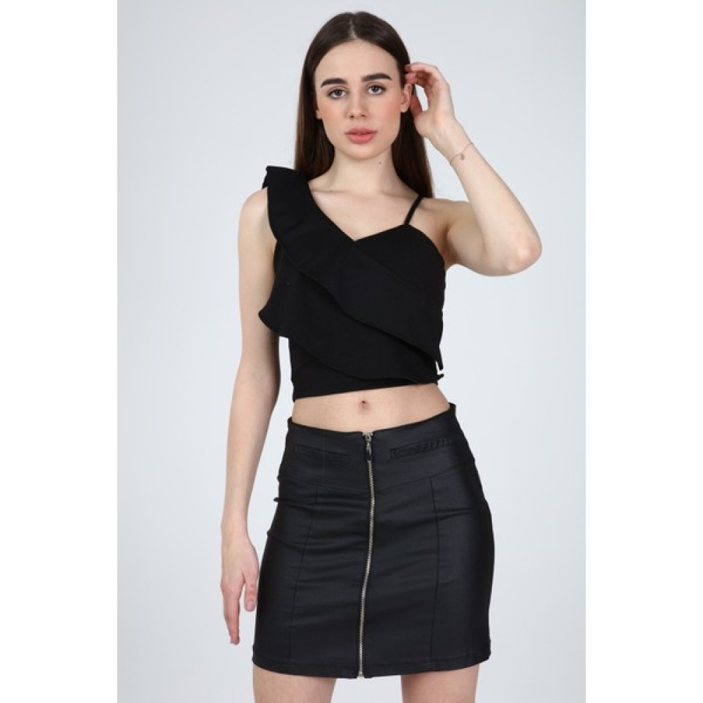 Mat Collection Kadın Siyah Tek Omuzu Ayarlanabilir Askılı Fırfırlı Crop Bluz Bluz Fiyatı