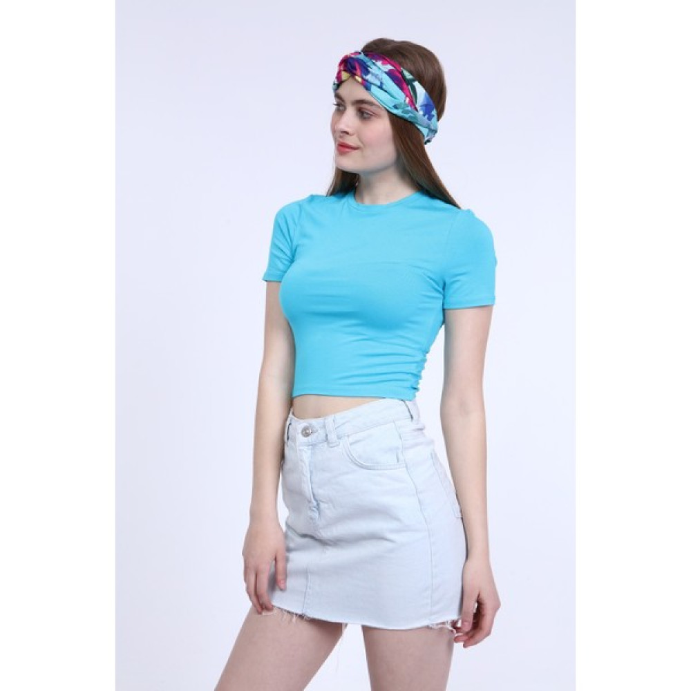 Mat Collection Kadın Turkuaz Bisiklet Yaka Basic Crop T-Shirt Bayan T-shirt Fiyatı