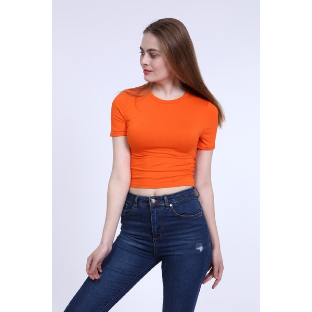 Mat Collection Kadın Turuncu Bisiklet Yaka Basic Crop T-Shirt Bayan T-shirt Fiyatı
