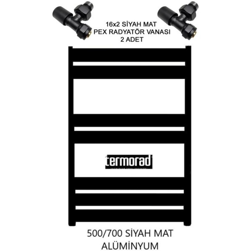 Mat Siyah Alüminyum Havlupan 50*70 cm Termorad Petsa Slim +2 Adet 16X2 Pex Radyatör Havlupan Vanası Siyah Mat 1/2' Havlupan Fiyatı