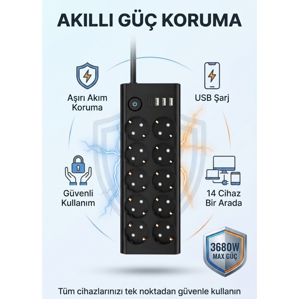 Matechno 10'lu 2mt Uzatma Kablolu Çoklu Priz Akım Korumalı Grup Uzatma Priz 3x USB 1x Type-C Çıkışlı Priz - Siyah Bilgisayar Çevirici ve Adaptörü Fiyatı