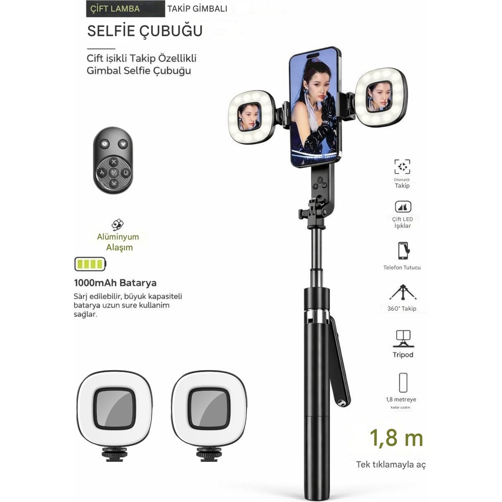 Matechno 1.8mt Çift Işıklı Akıllı Hareket Takipli Tripod Kumandalı Selfie Aydınlatma Tripod Telefon Tutucu - Siyah TV Aksesuarları Fiyatı