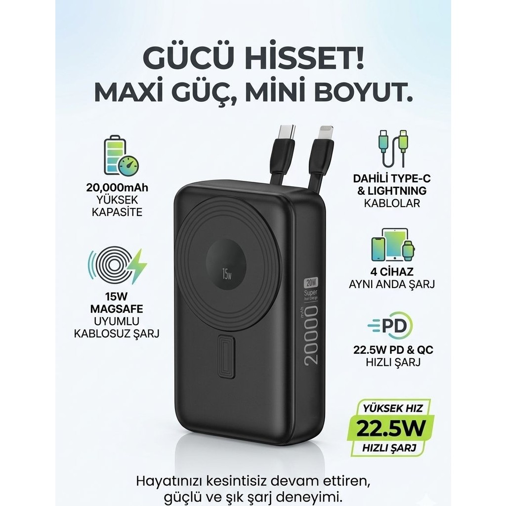 Matechno 20.000 Mah Standlı Powerbank Dahili Type-C & Lightning Kablolu, 15W Kablosuz Magsafe Şarj Cihazı - Siyah Bilgisayar Çevirici ve Adaptörü Fiyatı