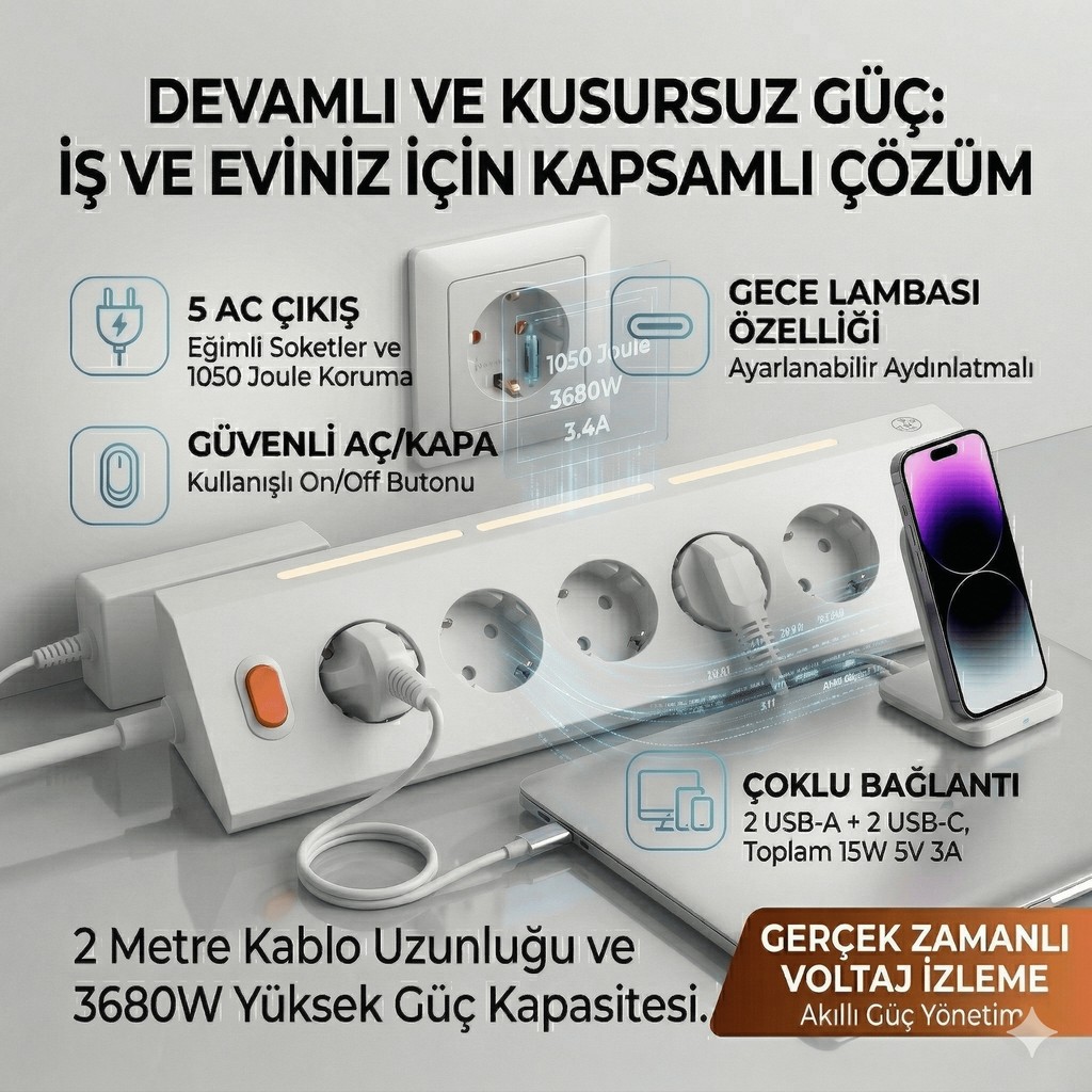Matechno 5'li Gece Lambalı Priz Akım Gerilim Korumalı Çoklu Priz 2xusb 2xtype-C Çıkışlı Uzatma Priz Çoğaltıcı - Beyaz Bilgisayar Çevirici ve Adaptörü Fiyatı