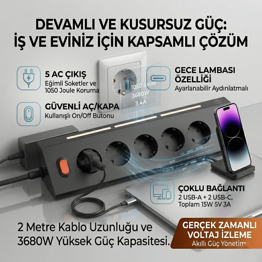 Matechno 5'li Gece Lambalı Priz Akım Gerilim Korumalı Çoklu Priz 2xusb 2xtype-C Çıkışlı Uzatma Priz Çoğaltıcı - Siyah Bilgisayar Çevirici ve Adaptörü Fiyatı