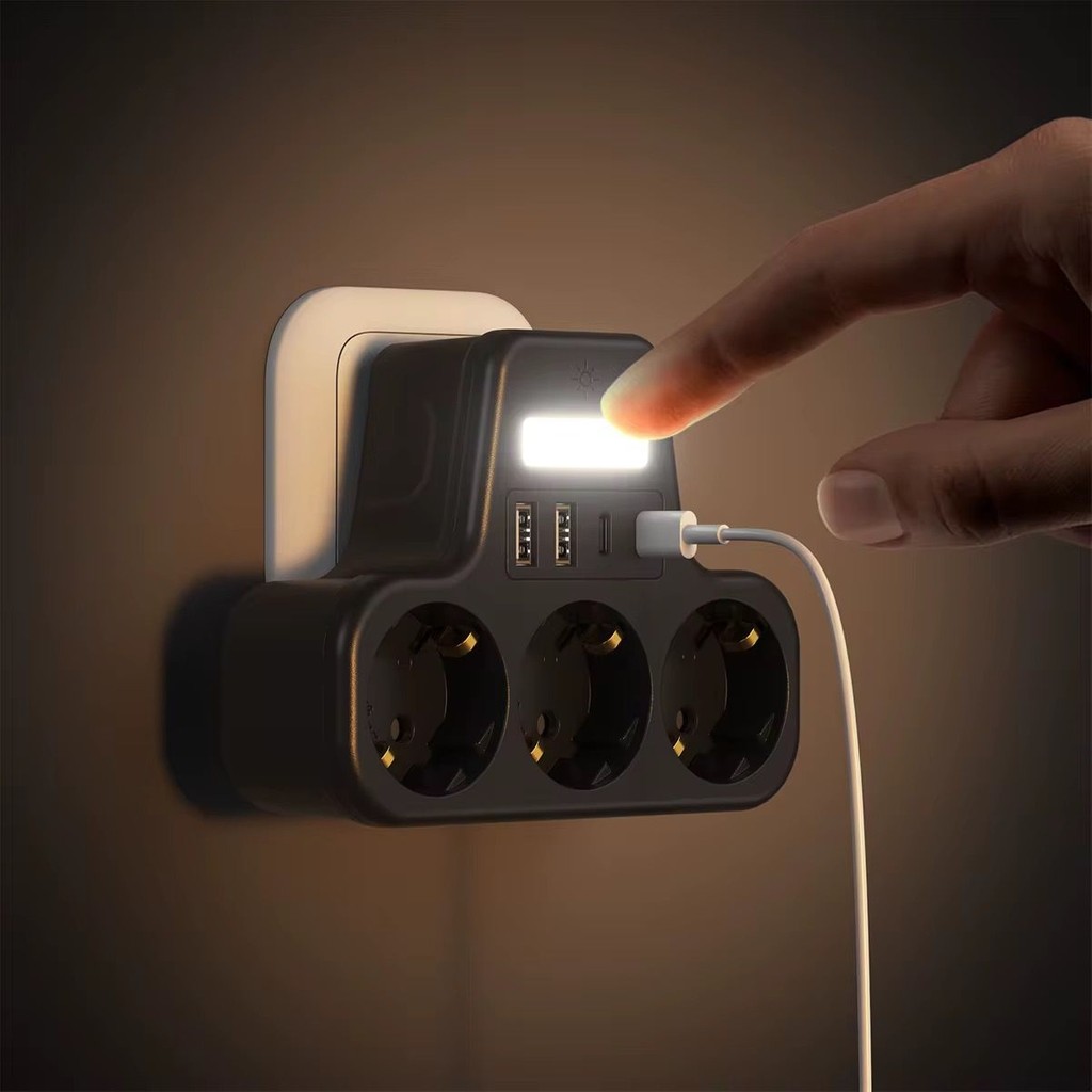 Matechno Çoklu Gece Lambalı Priz Yüksek Gerilim Korumalı 3'lü Priz 2xusb 2xtype-C Çıkışlı Grup Priz Çoğaltıcı - Siyah Bilgisayar Çevirici ve Adaptörü Fiyatı