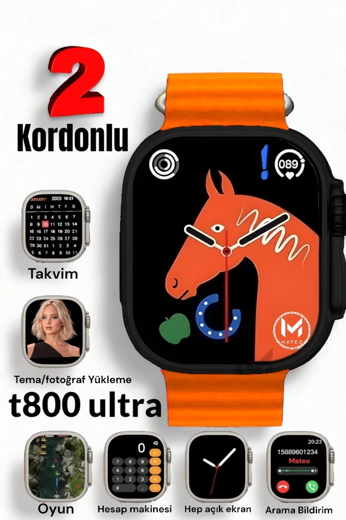 MATEO Akıllı Saat Watch 8 T800 Ultrapro 45mm 1.99inç Türkçe Tüm Telfonlara Uyumlu" Akıllı Saat Fiyatı