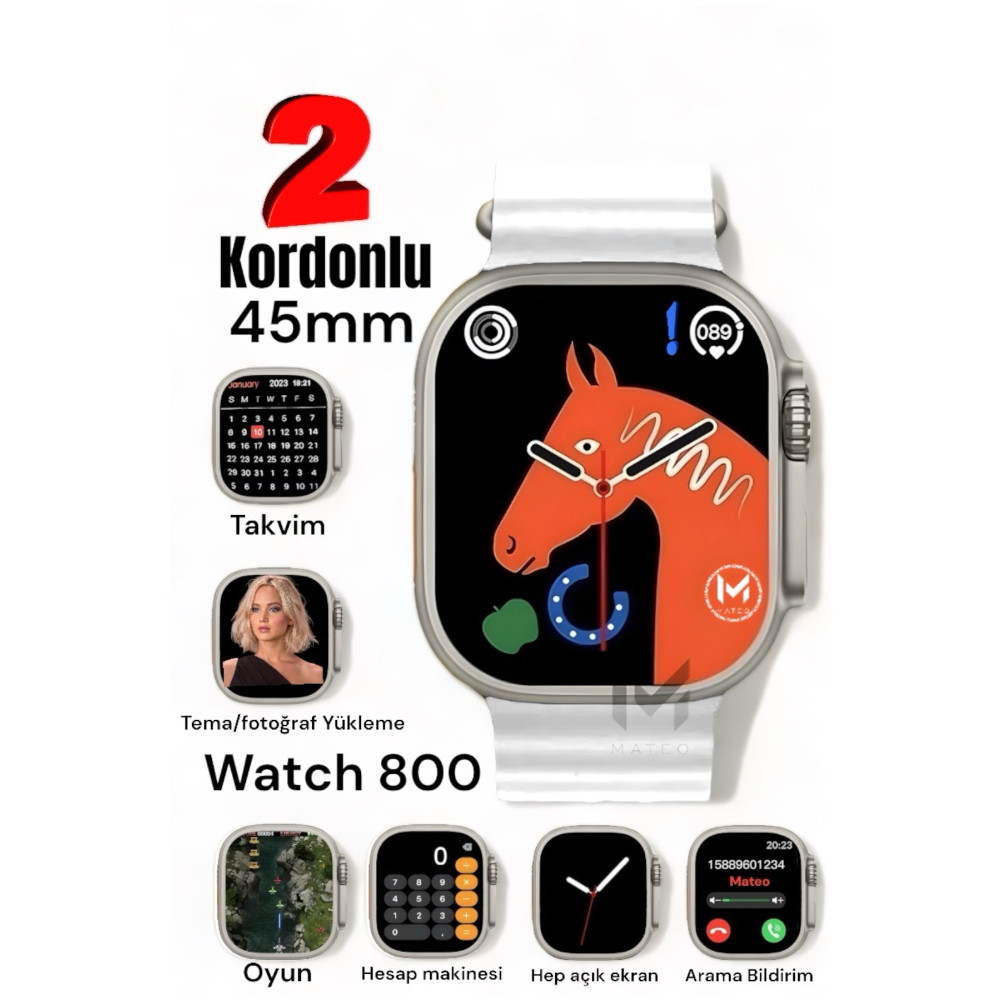 MATEO Akıllı Saat Watch 8 ultra 45mm 1.99 İnç Türkçe Tüm Telefonlara Uyumlu Bluetooth Arama Beyaz Akıllı Saat Fiyatı