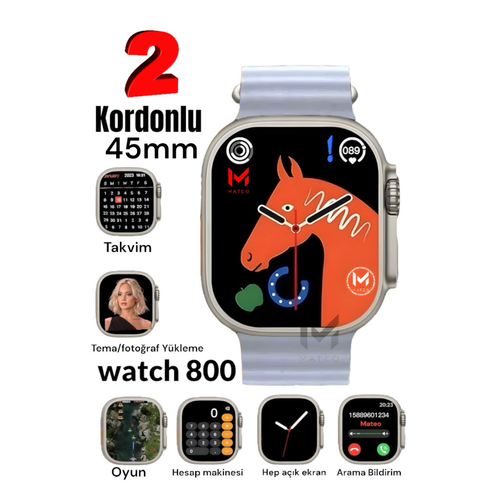 MATEO Akıllı Saat Watch 8 Ultra 45mm 1.99 Inç Türkçe Tüm Telefonlara Uyumlu Bluetooth Arama Gri Smartwatch Akıllı Saat Fiyatı