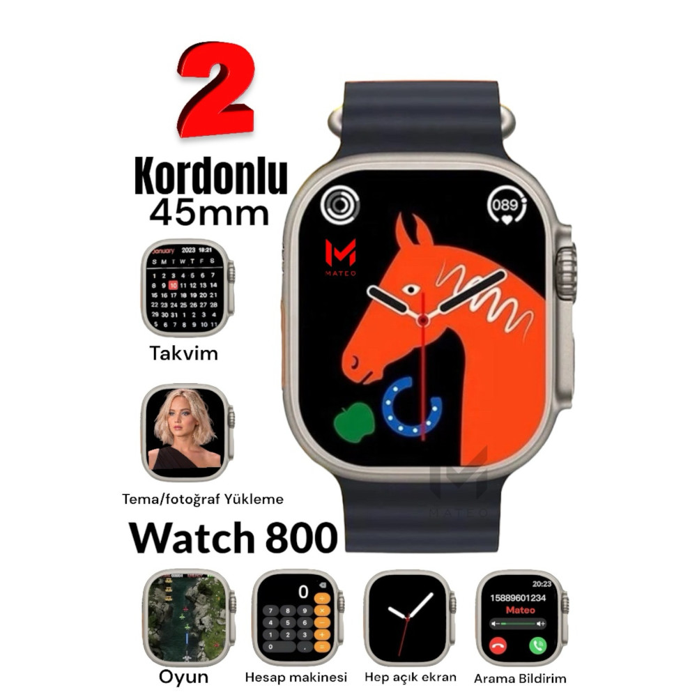MATEO Akıllı Saat Watch 8 Ultra 45mm 1.99 İnç Türkçe Tüm Telefonlara Uyumlu Gümüş Kasa smartwatch Siyah Akıllı Saat Fiyatı
