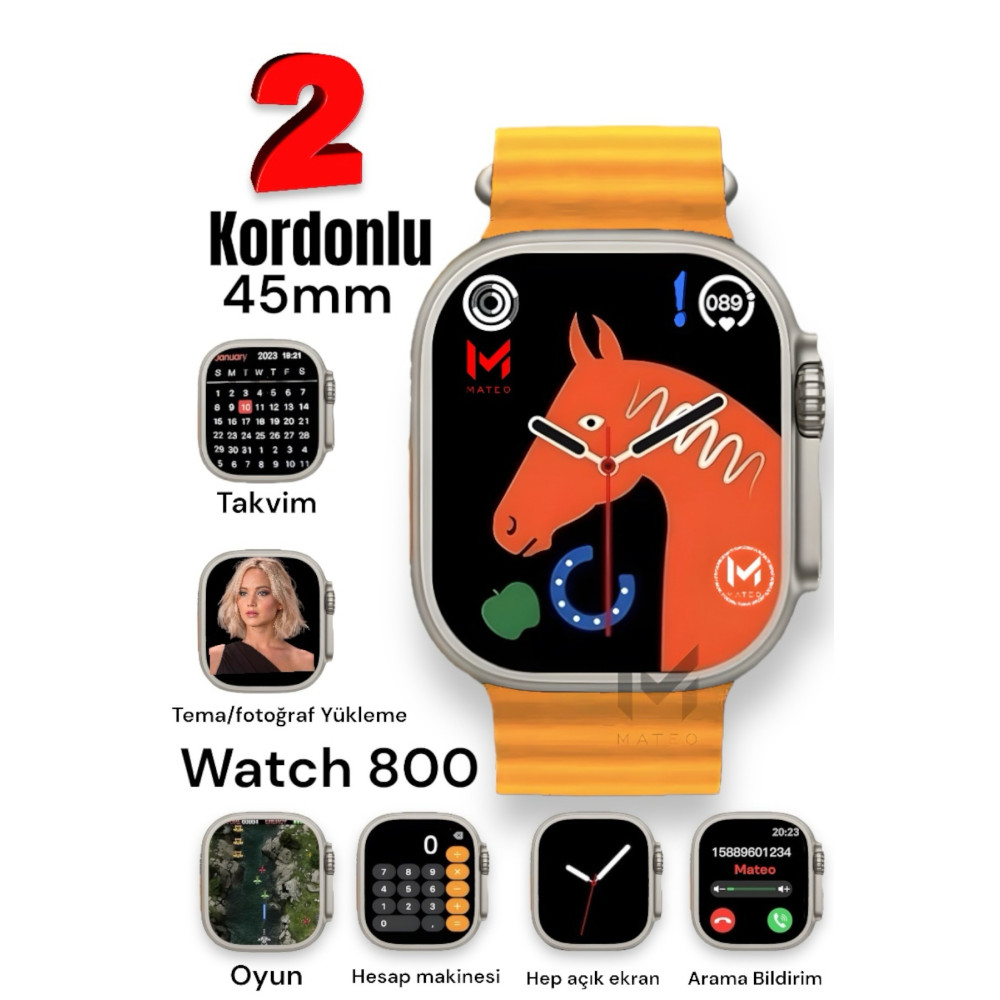 MATEO Akıllı Saat Watch 8 Ultra 45mm 1.99 Inç Türkçe Tüm Telefonlara Uyumlu Gümüş Kasa smartwatch Turuncu Akıllı Saat Fiyatı