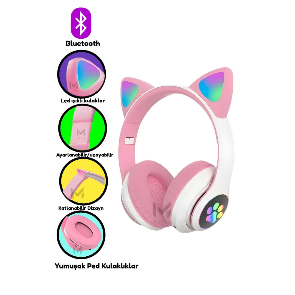 MATEO Kablosuz Bluetooth 5.0 Led Işıklı Kedi Kulağı Detaylı Kulaklık Hediye 8d Stereo Hd Ses Kedicik Kulak İçi Kulaklık Fiyatı