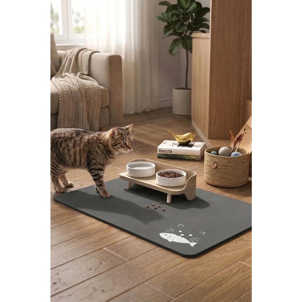 MAtGo Pati Evcil Hayvan Beslenme Matı Balık Figürlü Su Geçirmez Kaymaz Gri Kedi Köpek Mama Paspası 50x70cm Evcil Hayvan Ürünleri Fiyatı