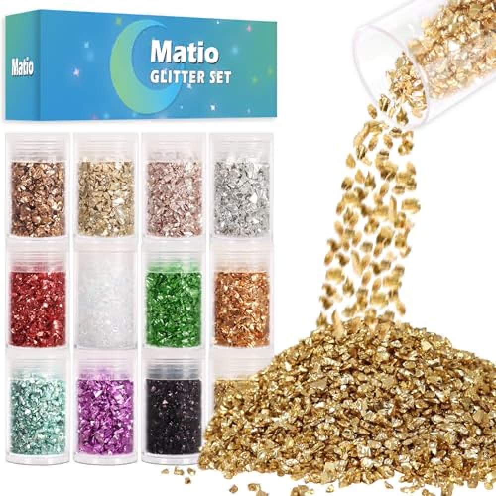 Matio 12 Jar Crushed Irregular Glass,4.23oz/ 120g Broken Glass Assorted Color Metallic Crystal Chips 10g Each,2-4mm Craft Chunky Glitter Flakes Sequins for Resin Art,Nails,Jewelry Making,Resin Fillers