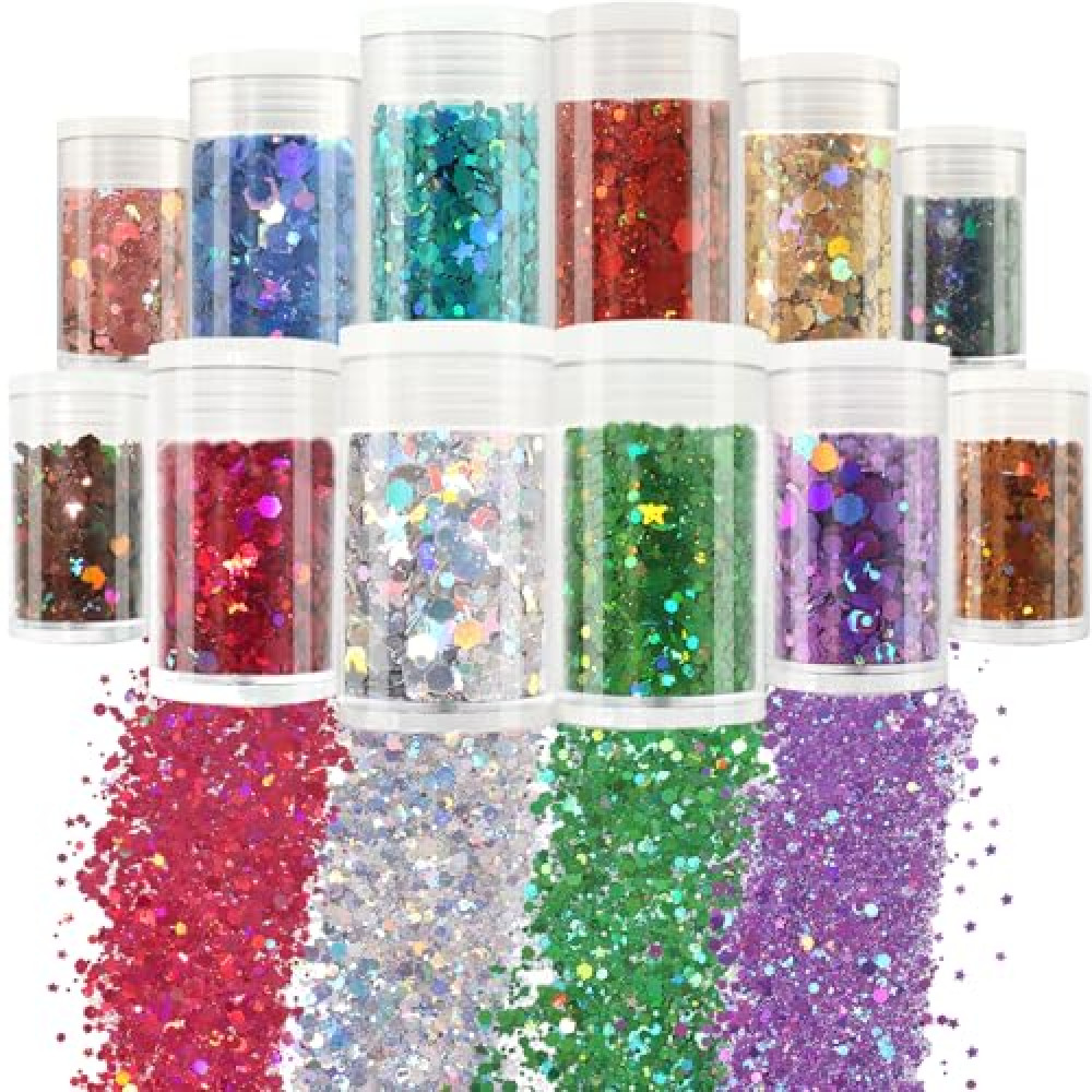 Matio Holographic Chunky Glitter,12 Colors Assorted Craft Glitter Mixed 3mm Stars Glitter Shape Fine Glitter Powder,Bulk Chunky Nail Glitter Flake Sequin for Resin,Body Nail Art,Slime Tumbler Festival