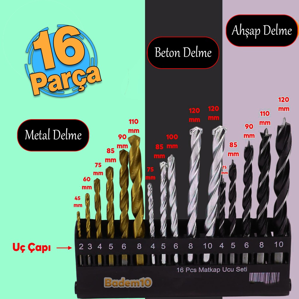 Matkap Ucu Set 16'lı Paket 3'ü Bir Arada Beton Duvar Ahşap Metal Çelik Delme Uç Değişik Uzunluk Çap - 1 Matkaplar Fiyatı