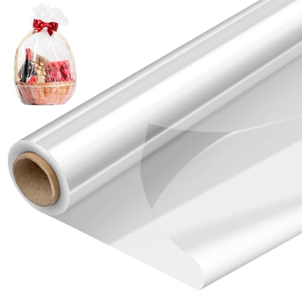 Mauproy 34 In x 100 Ft Clear Cellophane Wrap Roll, Extra Wide, 2.5 Mil Thick Transparent Plastic Gift Wrapping Paper for Easter Gift Baskets, Flower Bouquets, Gifts, Treats