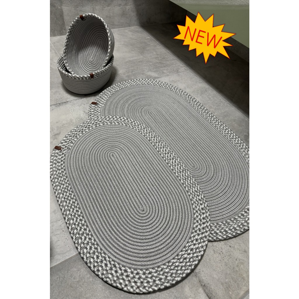 MaVaux Serra 4’lü Banyo Seti – 2’li Oval Paspas & 2’li Oval Sepet, Doğal Halat Dokuma, El Yapımı - Premium - Gri Araca Özel Paspaslar Fiyatı