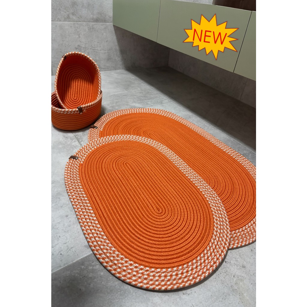 MaVaux Serra 4’lü Banyo Seti – 2’li Oval Paspas & 2’li Oval Sepet, Doğal Halat Dokuma, El Yapımı - Premium - Turuncu Araca Özel Paspaslar Fiyatı