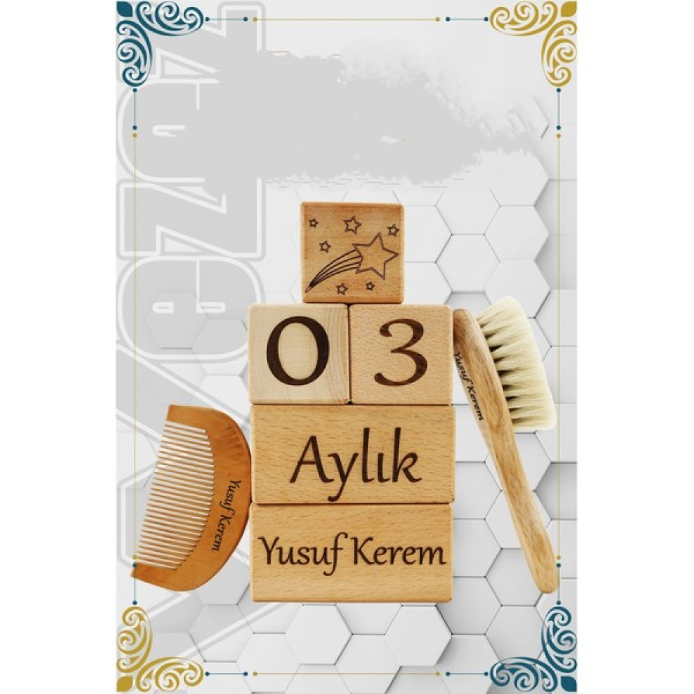 Ma'Vessa Isme Özel 5'li Anne Bebek Anı Küpü ve Doğal Keçi Kılı Saç Fırçası-Şimşir Tarak(Dekoratif Hatıra Set) Anne, Bebek Fiyatı
