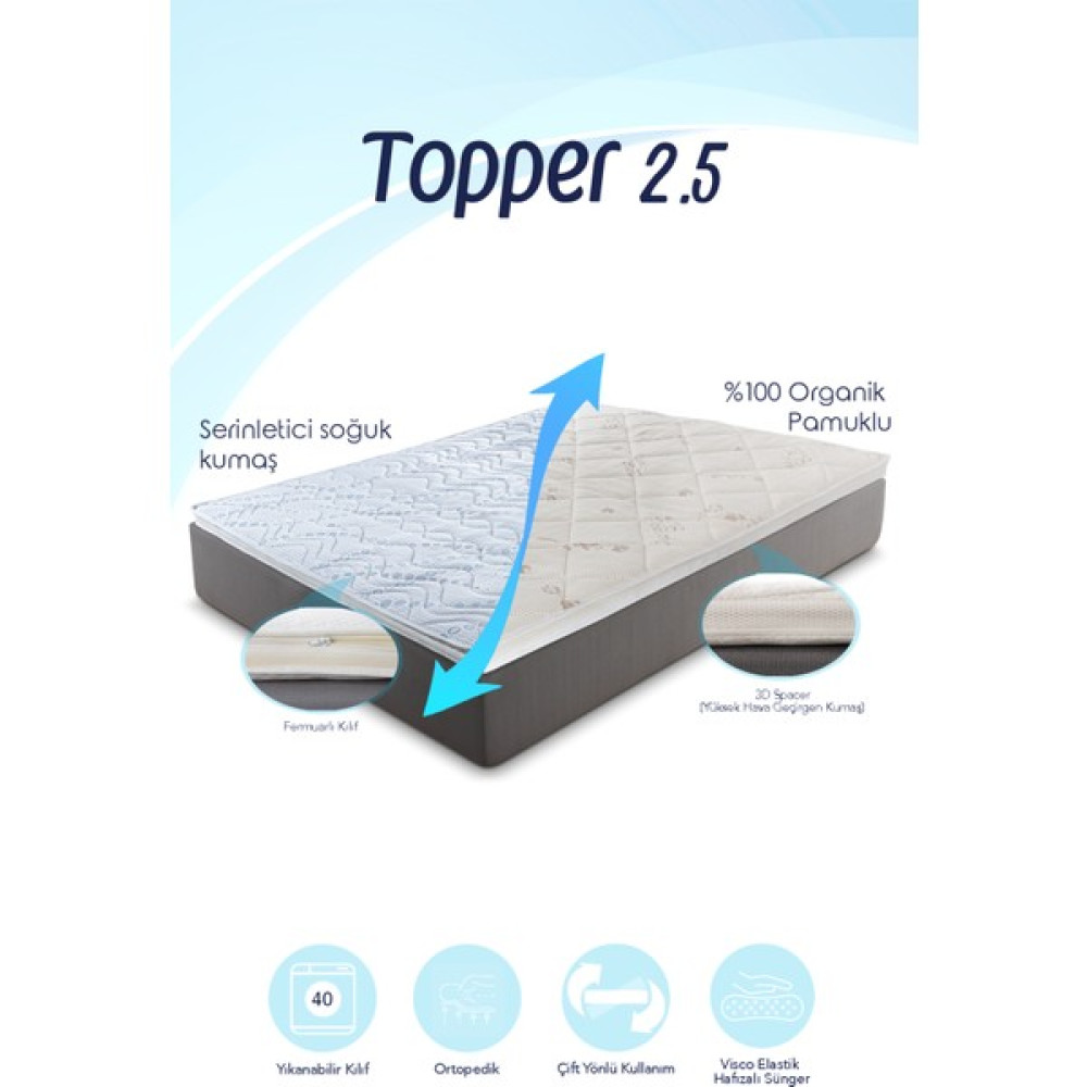 Mavi Ay Yatak - Topper 2.5 - Serinletici Soğuk ve Organik Pamuk Kılıflı - Visco Yatak Pedi - 140 x 200 cm Yatak Odası Tekstili Fiyatı