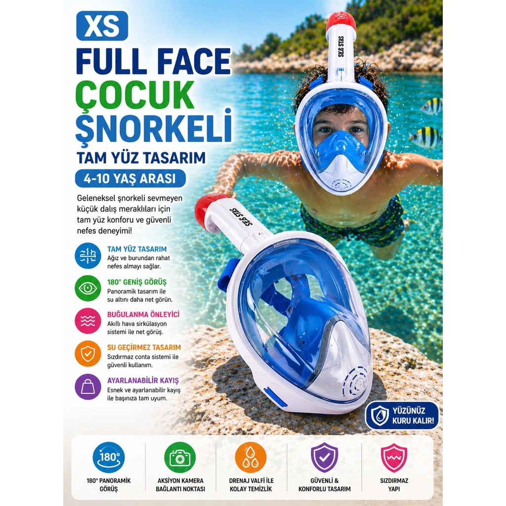 Mavi Beyaz Çocuk Full Face Şnorkel Maske Xs Tam Yüz Dalış Maskesi Taşıma Çantalı Seti 4-10 Yaş Diğer Fiyatı