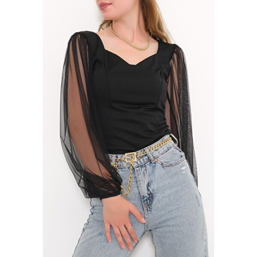 Mavi Stil Kolları Tül Detaylı Bluz Siyah - 3646.631. Bluz Fiyatı