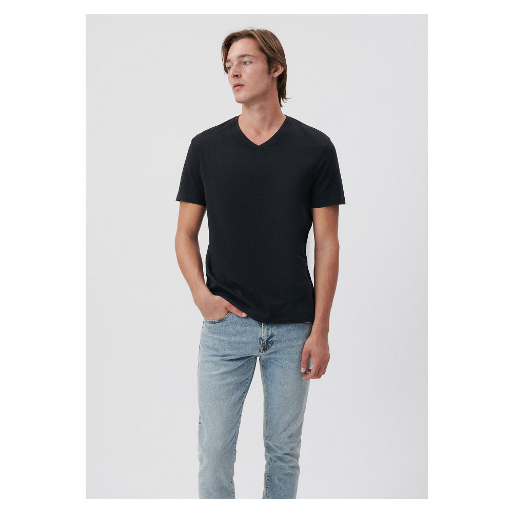 Mavi V Yaka Siyah Basic Tişört Slim Fit / Dar Kesim M Beden Bayan T-shirt Fiyatı