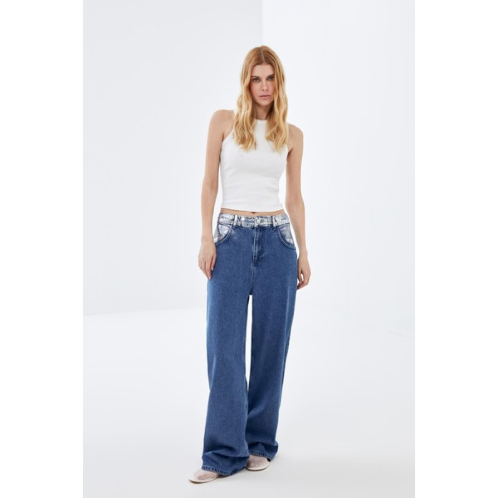 Mavi Varak Cep ve Bel Detaylı, Düğmeli Ayarlanabilir Bel, Wide Leg Jeans Bayan Jeans / Kot Pantolon Fiyatı